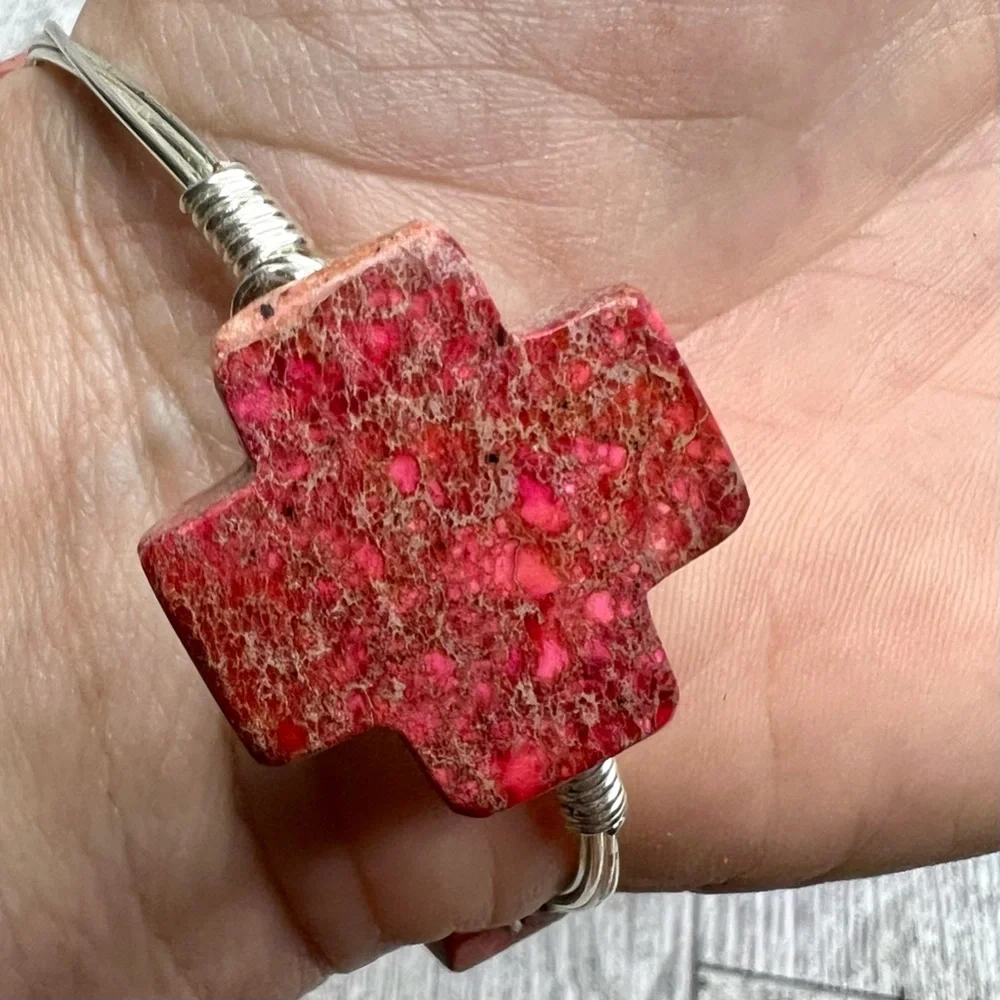 Artisan Stone Gem Bangle Wrist Bracelet Silver Toned Metal Wire Wrapped Handmade - Picture 3 of 10